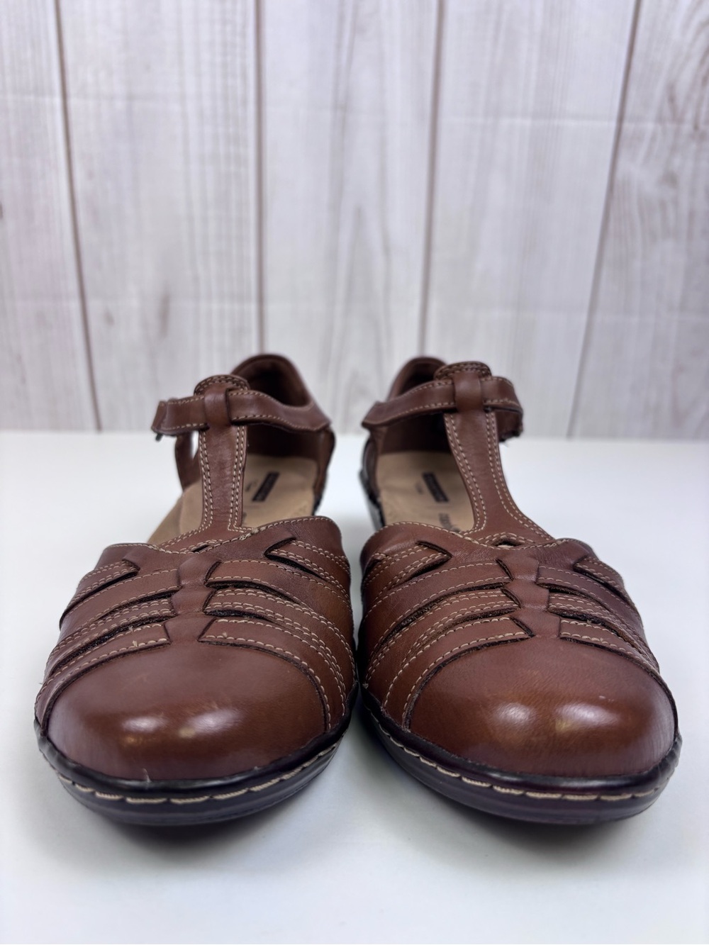 Clarks Wendy Alto Leather Shoes T-Strap Low Wedge Casual Dress Shoe Brown Sz 10 - Picture 7 of 14